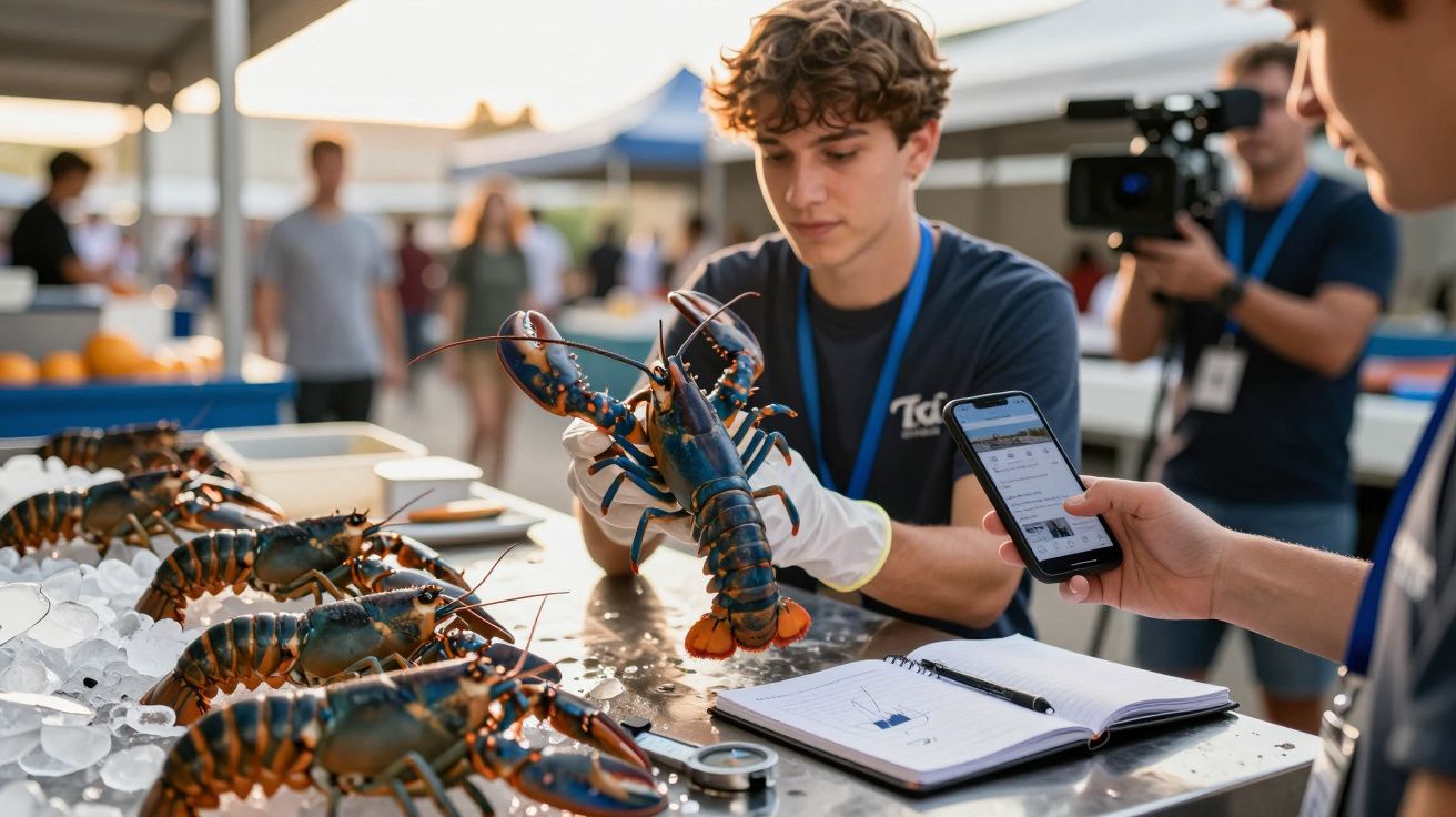 Jovem segura lagosta em feira de frutos do mar com outras lagostas sobre mesa de gelo e pessoa usando celular.