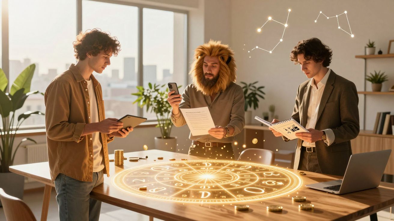 Três homens em escritório com mesa iluminada por círculo zodiacal, um veste fantasia de leão.