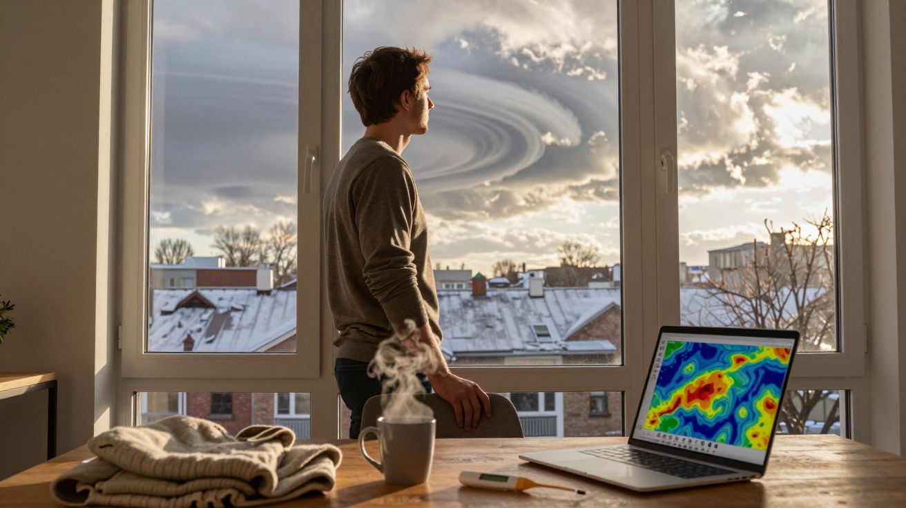 Homem observa nuvem espiral vista pela janela enquanto laptop com mapa de calor está na mesa com xícara fumegante.