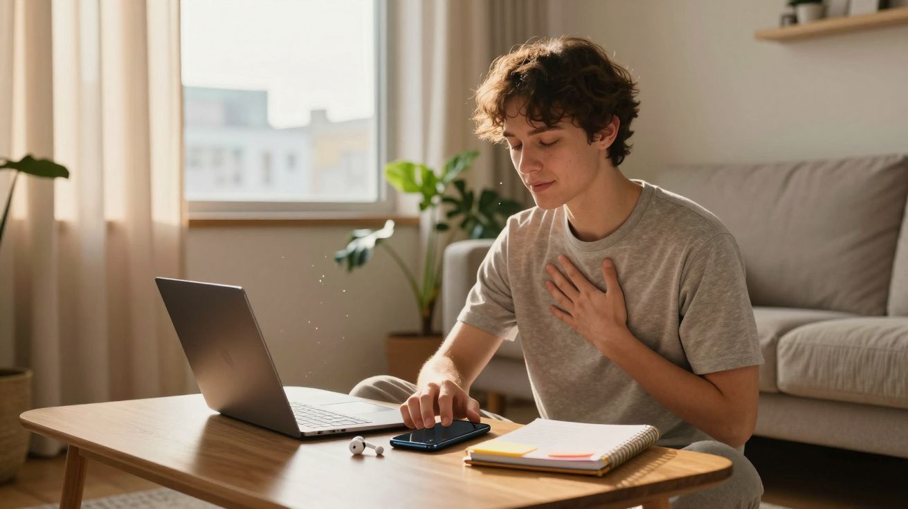 Jovem sentado no chão de casa, com laptop e caderno, colocada a mão no peito e segurando celular.