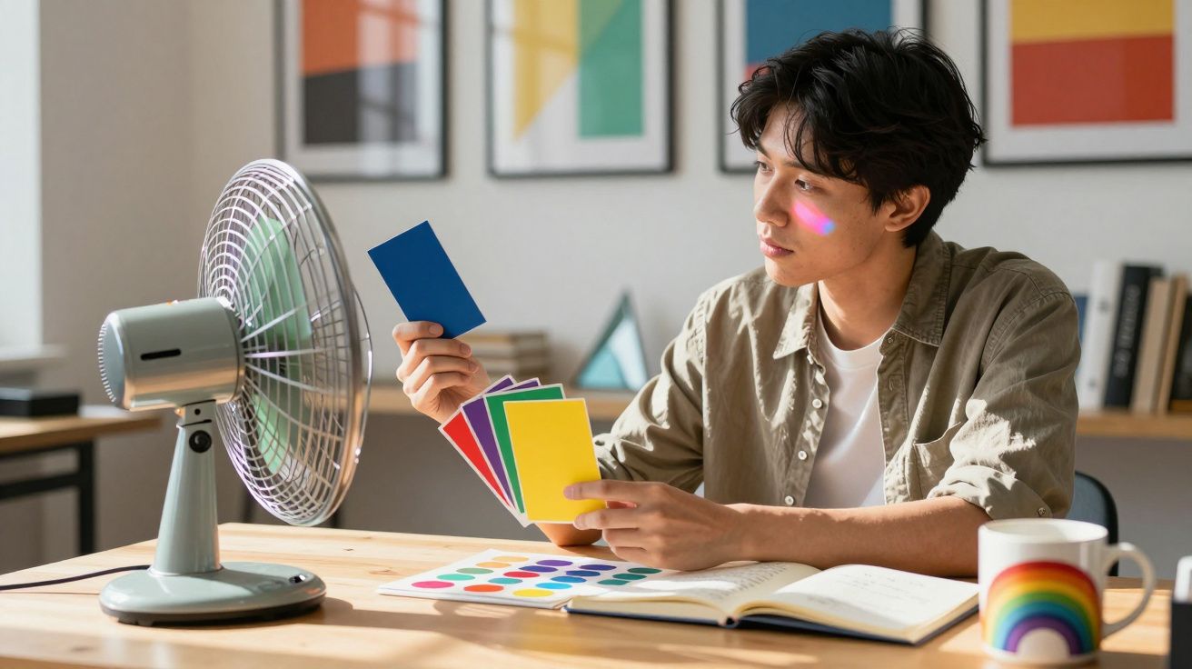 Jovem sentado à mesa com amostras de cores, ventilador ligado e caneca com arco-íris ao lado.
