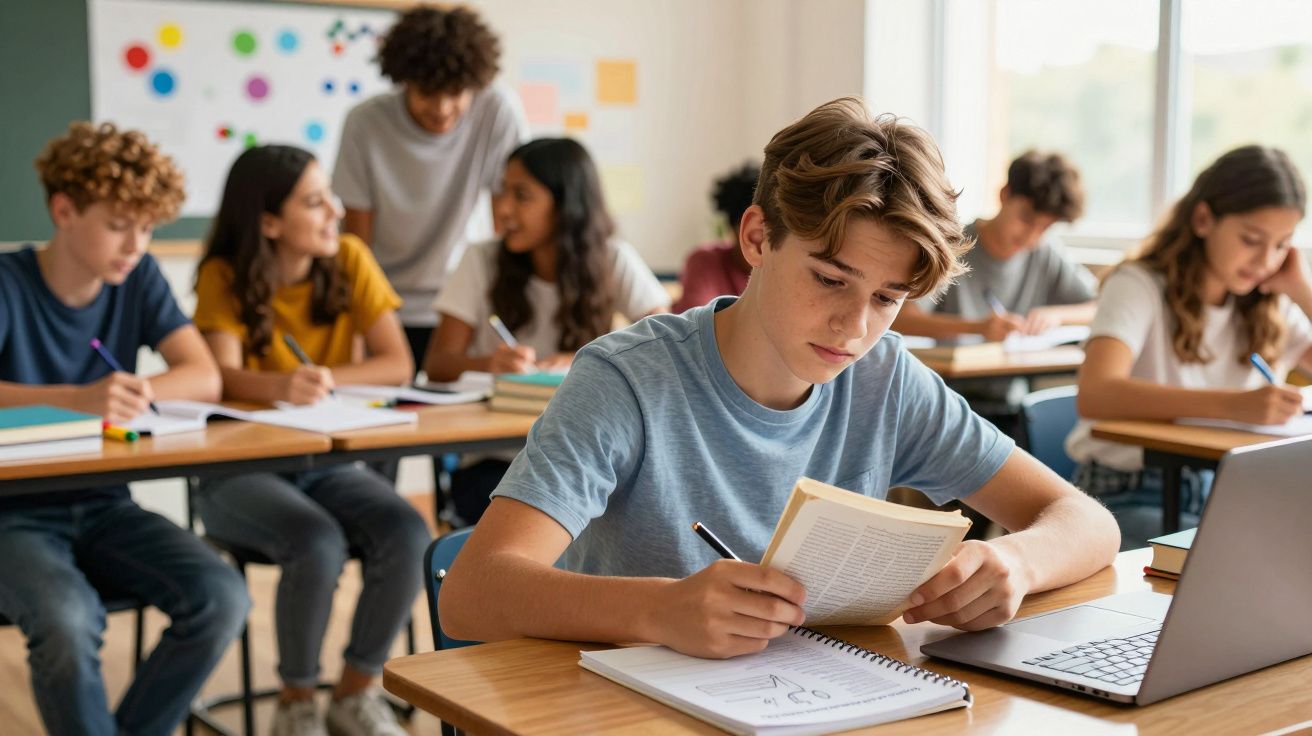 Aluno lendo livro e escrevendo em caderno numa sala de aula com colegas estudando ao fundo.