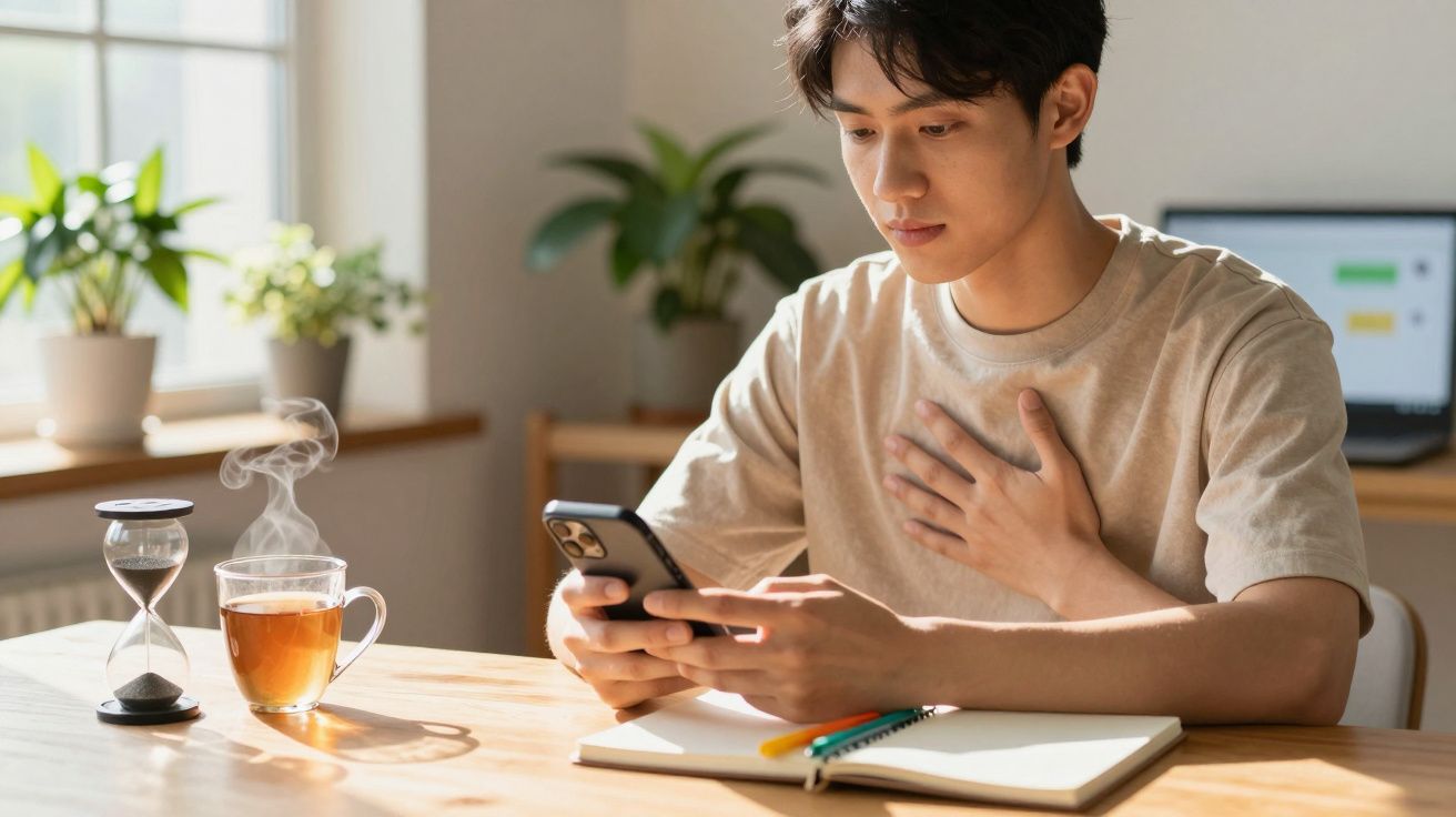 Jovem sentado à mesa com notebook aberto e segurando celular, com xícara de chá fumegante ao lado.