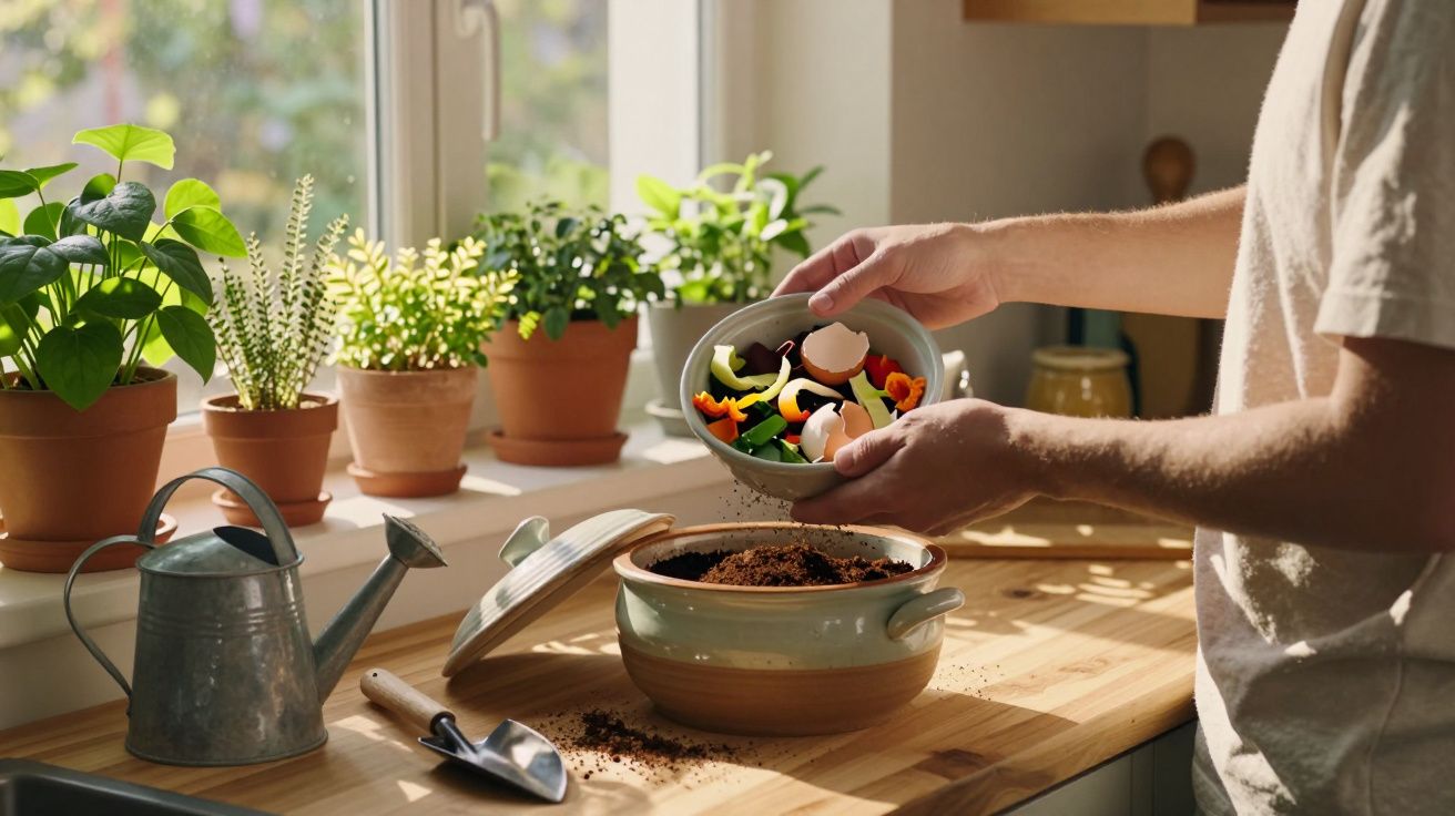Pessoa adiciona cascas de ovos e restos orgânicos em vaso com terra para compostagem na cozinha iluminada pelo dia.