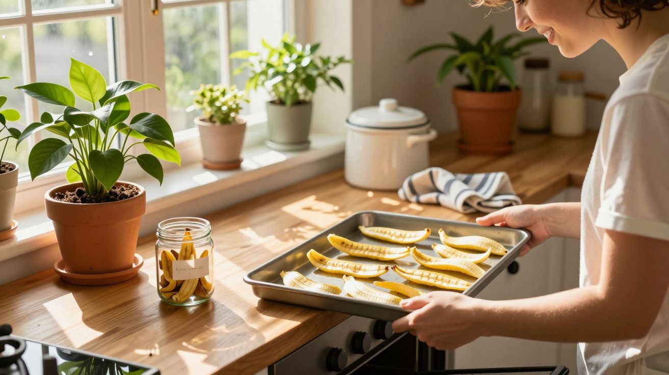 Pessoa colocando assadeira com cascas de banana para secar em forno de cozinha iluminada por janela.