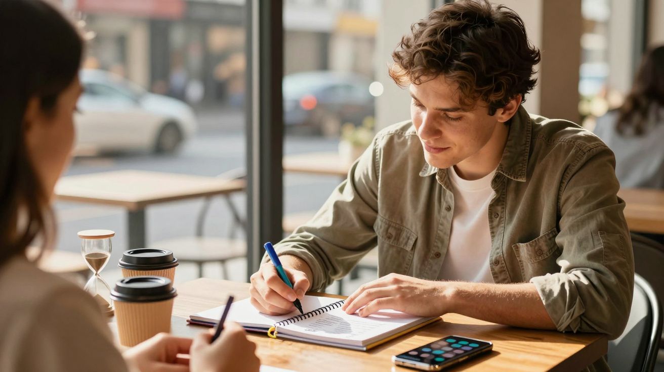 Dois jovens estudando em um café, um deles escrevendo em caderno, com celular e café na mesa.