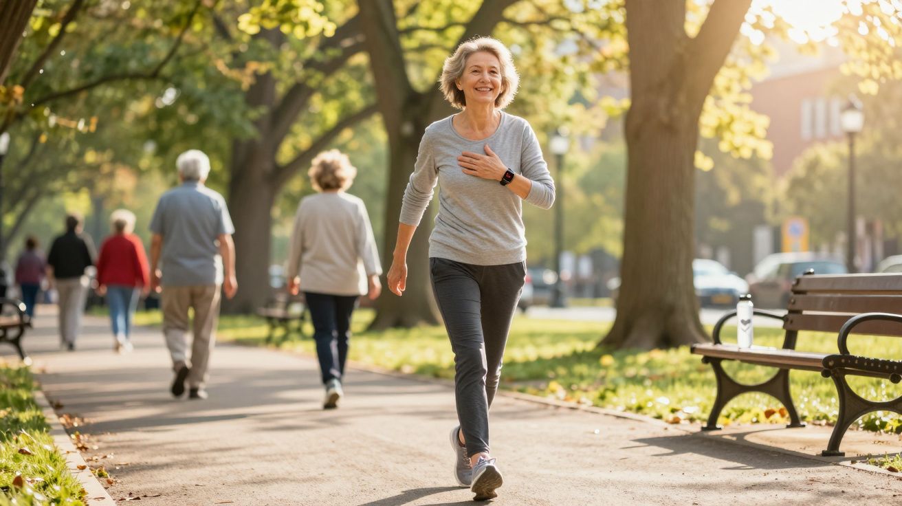 Mulher sorridente caminhando em parque ensolarado com outras pessoas ao fundo e bancos à direita.