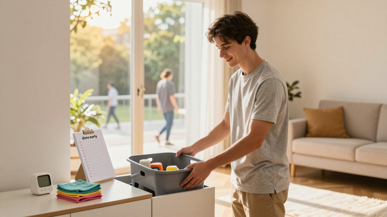 Jovem organizando produtos em caixa dentro de casa, ao lado de lista de tarefas concluídas.
