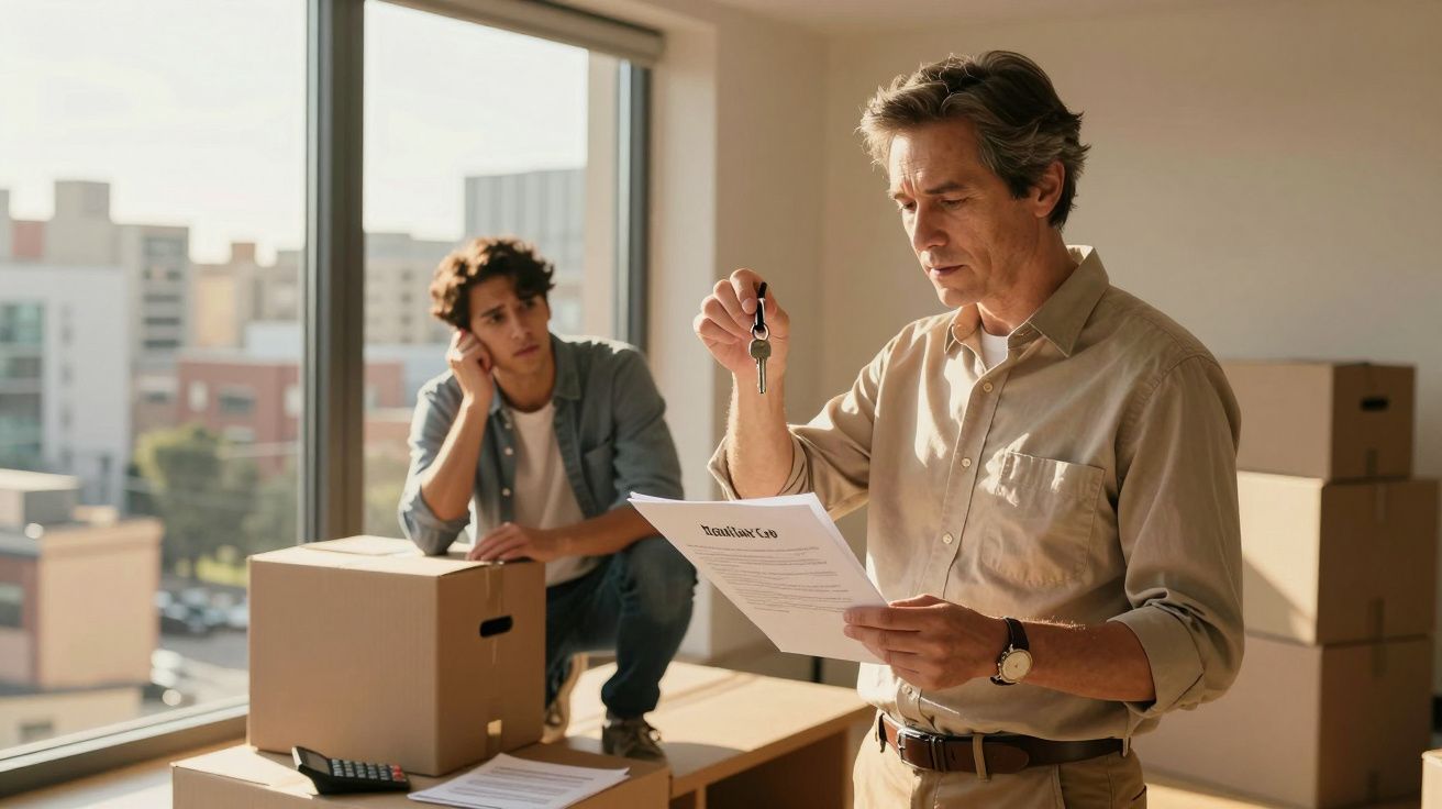 Homem entrega chave e lê contrato para jovem sentado em caixas de mudança em apartamento vazio.