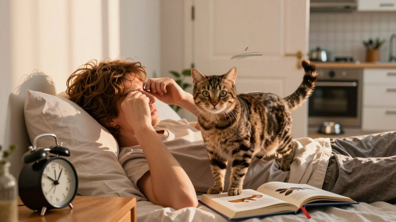 Pessoa deitada na cama esfregando os olhos enquanto gato está em cima de um livro aberto.