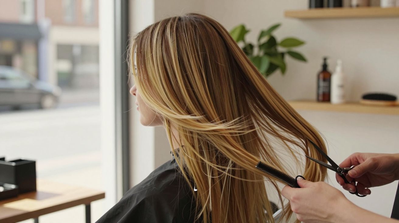 Mulher loira recebendo corte de cabelo em salão, vista lateral, com cabeleireiro segurando tesoura e pente.