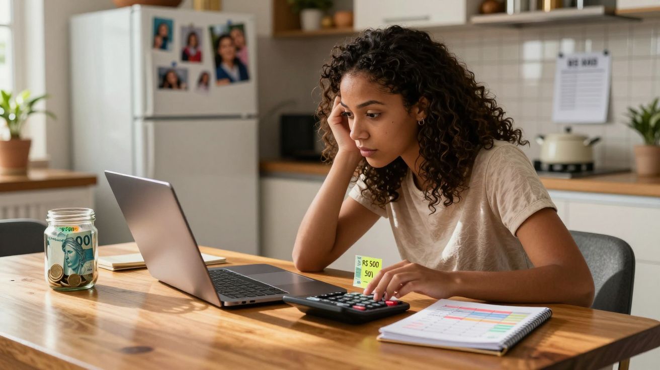 Mulher jovem preocupa-se ao calcular despesas com calculadora e laptop em mesa de madeira na cozinha.
