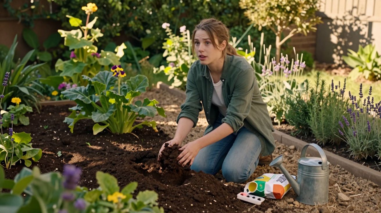 Mulher agachada cuidando do solo em canteiro de flores, ao lado regador e pacote de adubo.