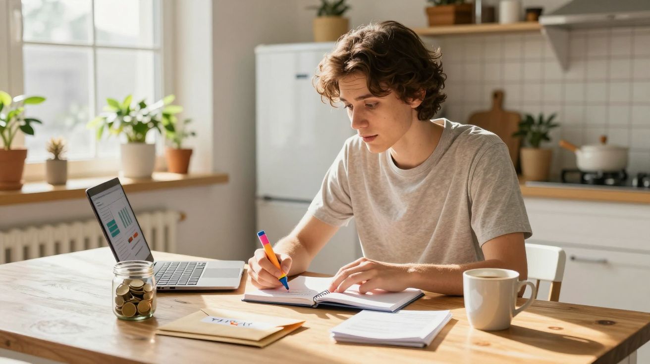 Jovem estudando com caderno, laptop e café em mesa de cozinha iluminada pela luz natural.