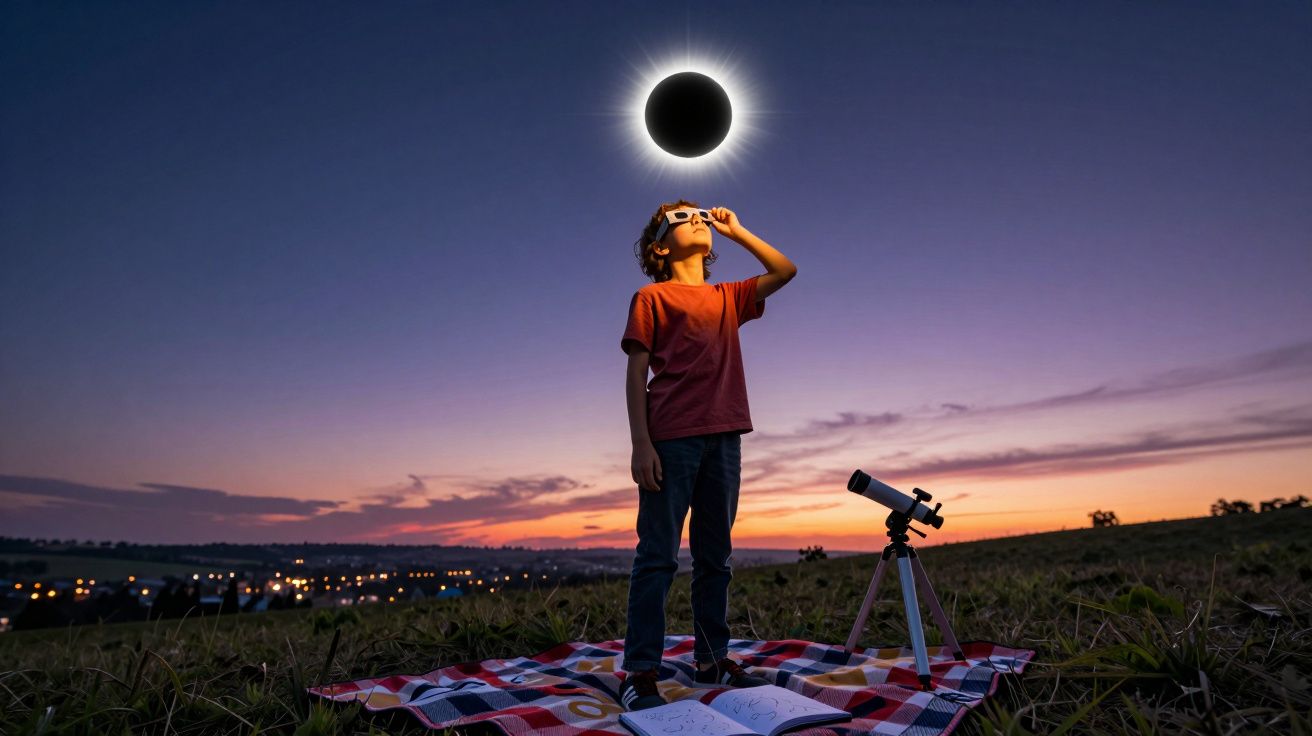 Criança com óculos especiais observa eclipse solar ao entardecer, com telescópio em campo aberto.