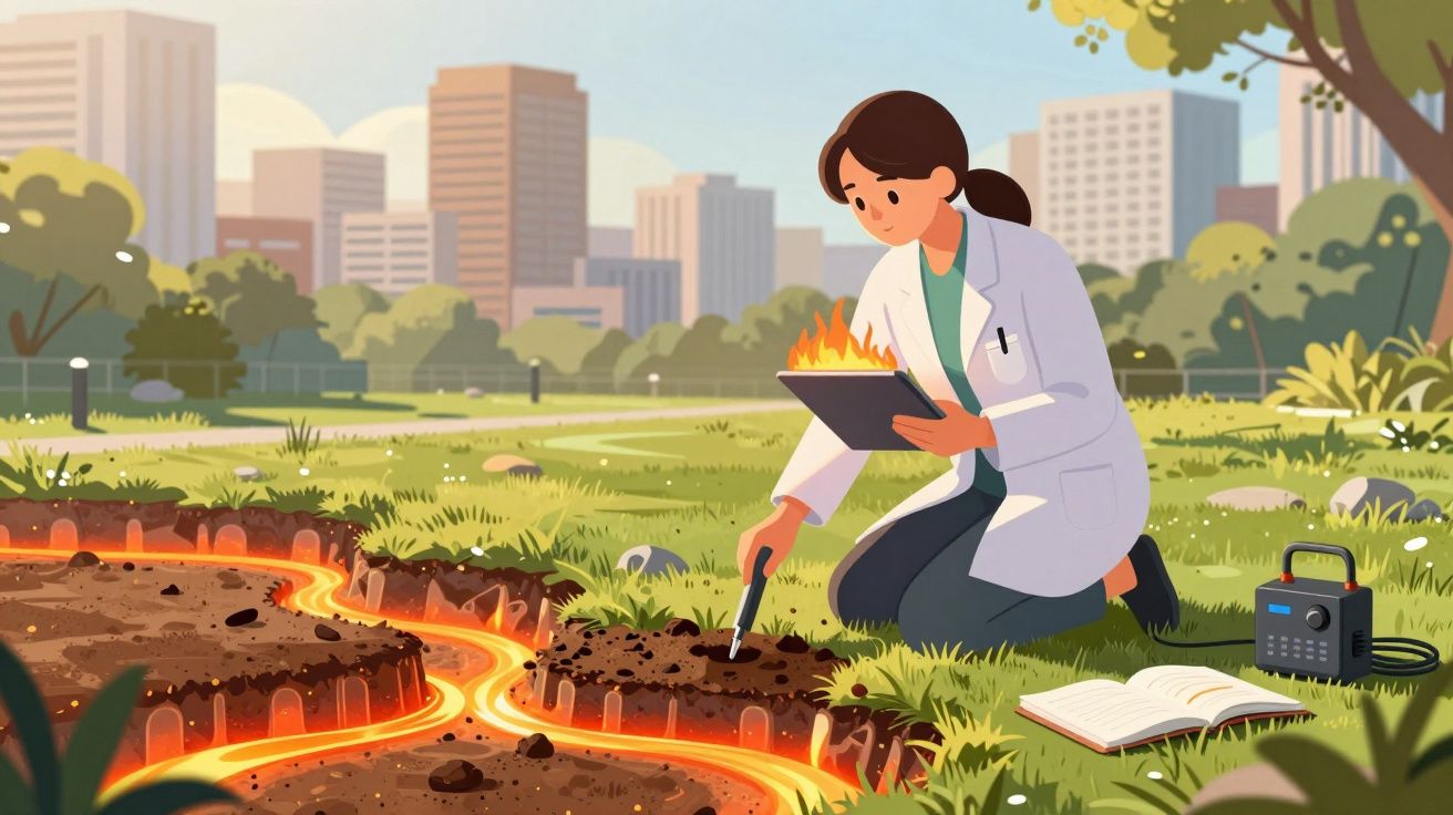 Mulher cientista analisa o solo quente com vulcão ativo em parque urbano, segurando tablet em chamas.