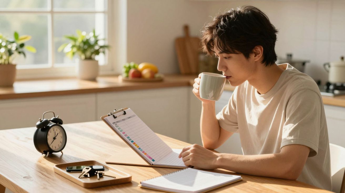 Jovem sentado à mesa, bebendo café e lendo uma lista em prancheta em cozinha iluminada pela manhã.