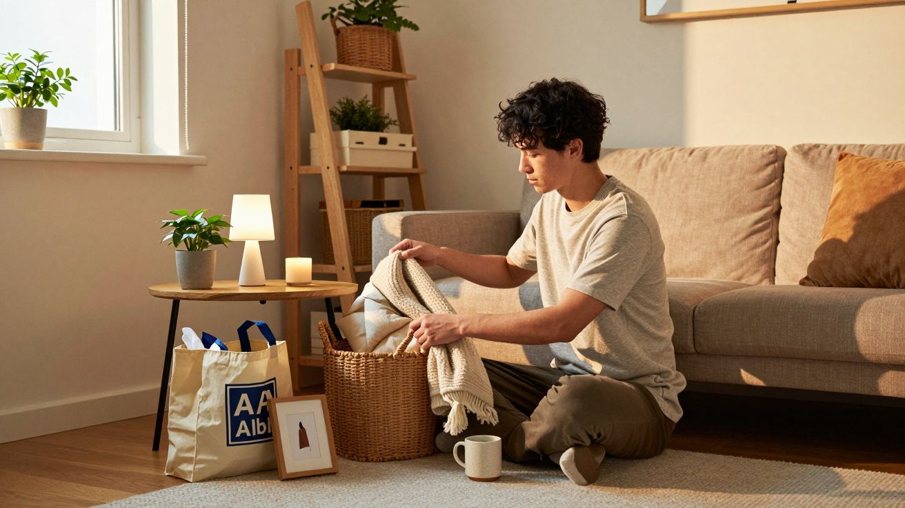 Jovem sentado no chão da sala organizando manta em cesta, ao lado de mesa com planta, vela e lâmpada.