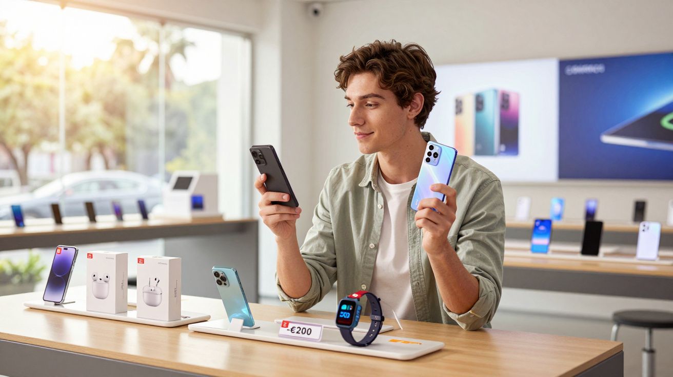 Jovem em loja de eletrônicos segura dois celulares, com smartwatch e fones expostos na mesa.