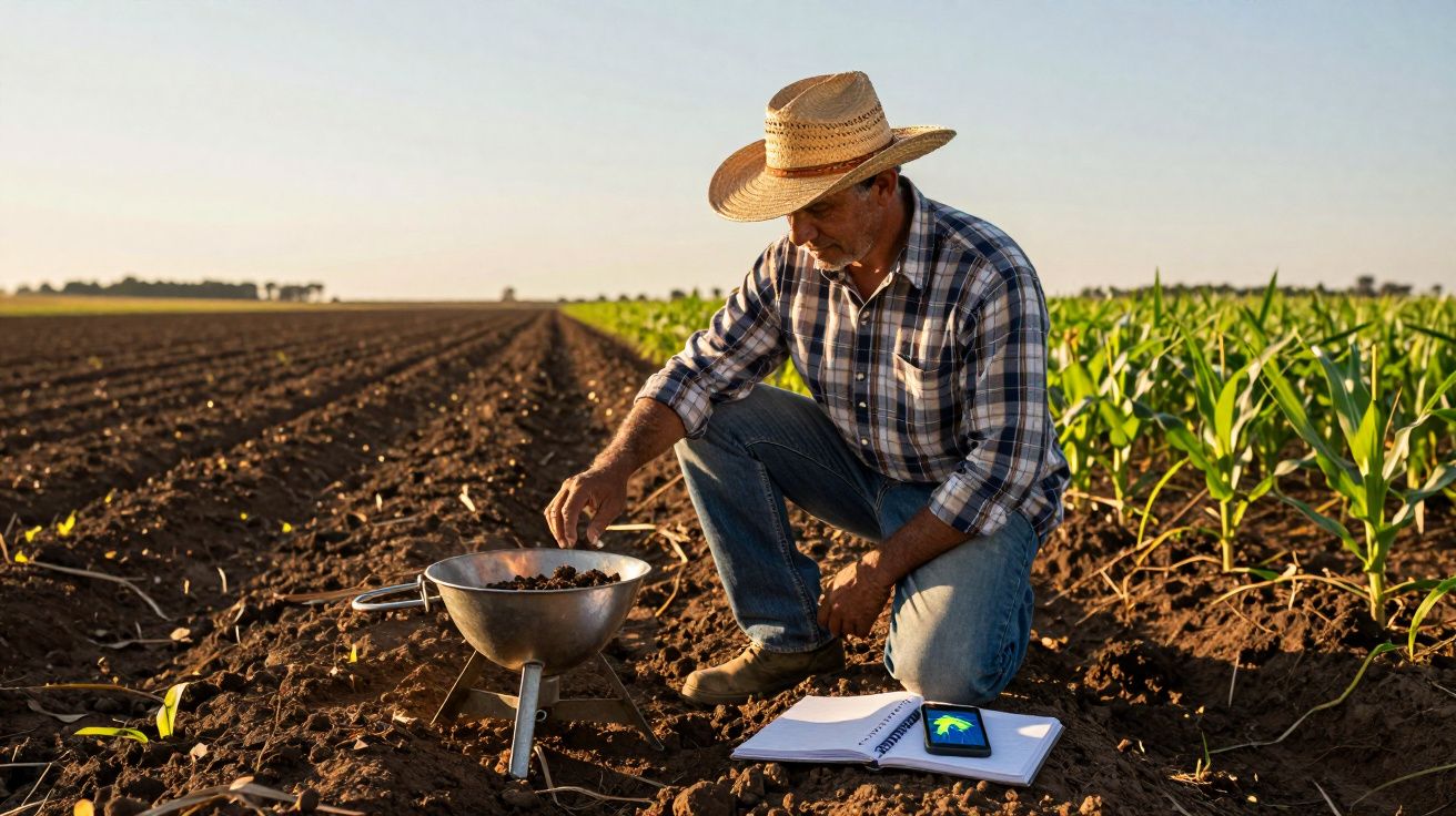 Homem com chapéu de palha avalia terra em plantação de milho ao entardecer com caderno e celular no chão.
