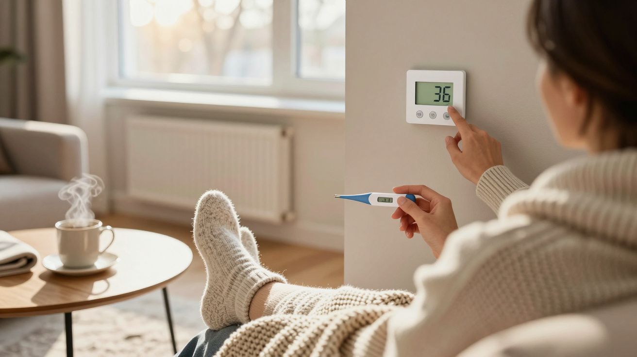 Pessoa ajusta termostato digital em casa, segurando termômetro com temperatura corporal em 36ºC.