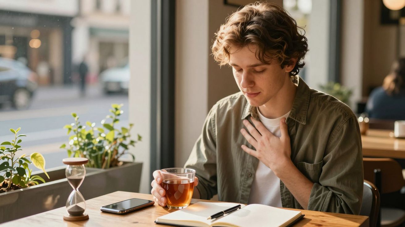 Jovem sentado à mesa com chá, lendo livro aberto em café com plantas ao lado da janela.