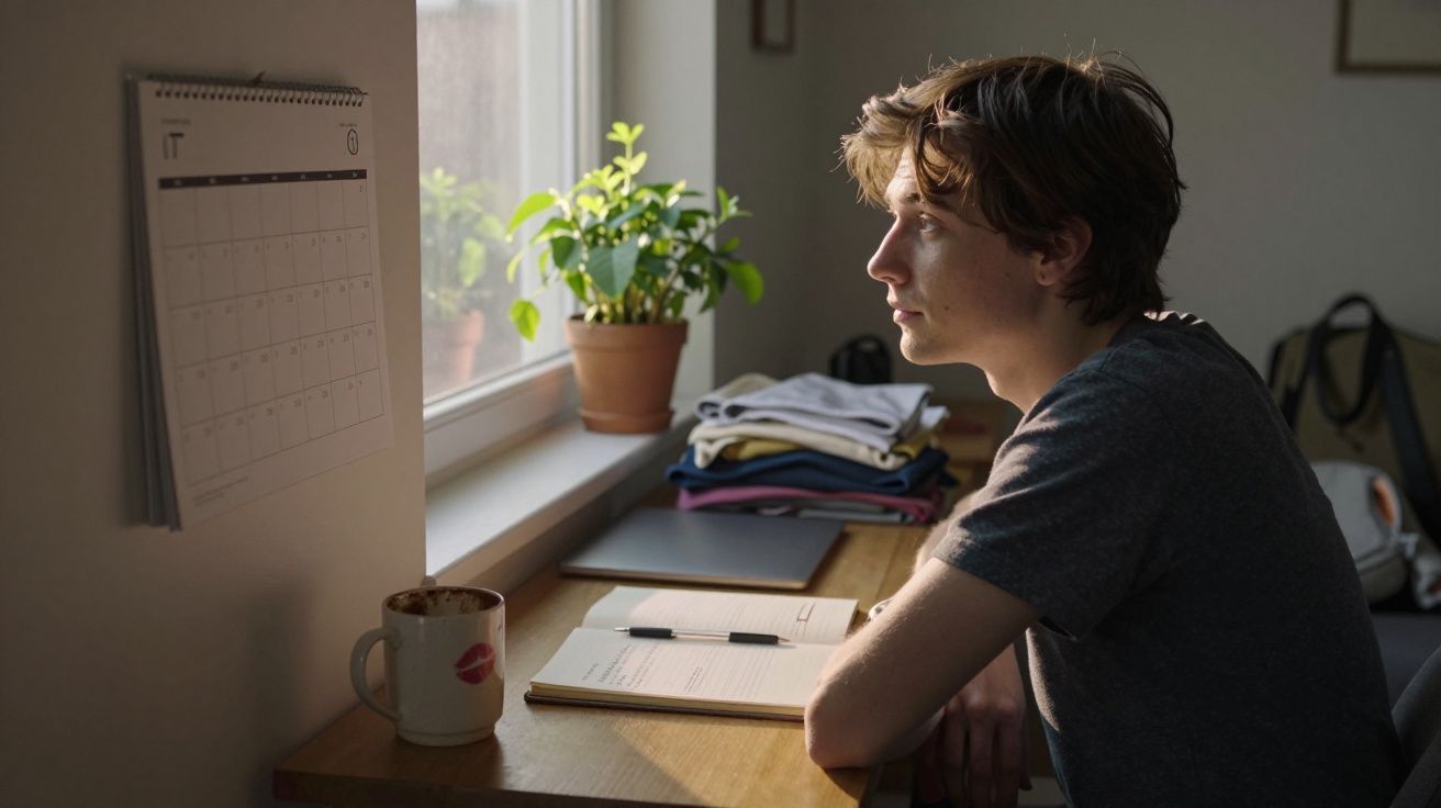 Jovem sentado à mesa com livro aberto, olhando pensativo pela janela, com plantas e café ao lado.