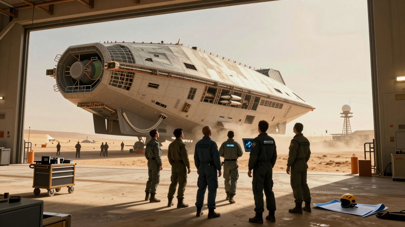 Seis pessoas de pé observam uma nave espacial futurista inclinada dentro de um hangar no deserto.