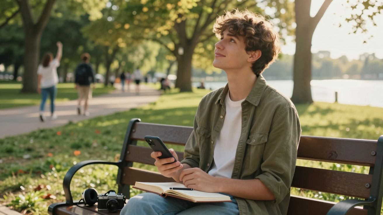 Jovem sentado em banco de parque, segurando celular e com caderno aberto no colo em dia ensolarado.