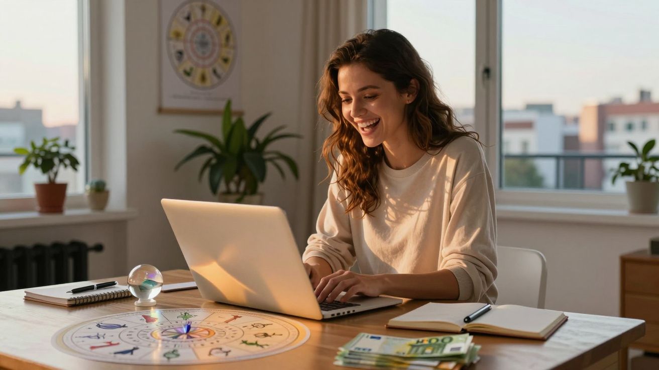 Mulher sorridente usando laptop em mesa com mapa astral, caderno, pilha de dinheiro e plantas ao fundo.