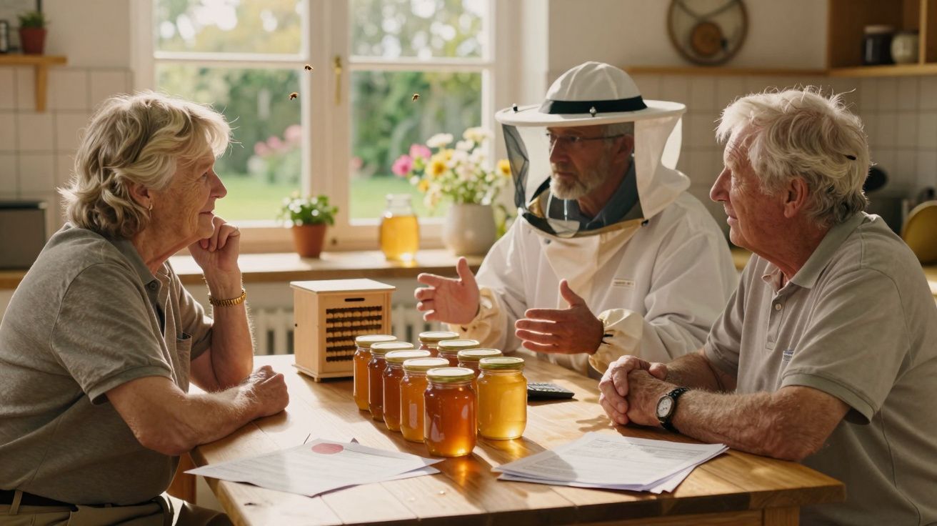 Três idosos sentados à mesa com potes de mel, um deles veste roupa de apicultor em ambiente iluminado.