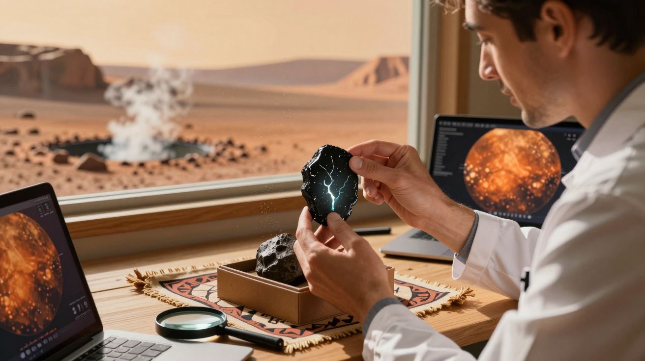 Cientista analisando fragmento de meteorito com telas de planetas e paisagem marciana ao fundo.