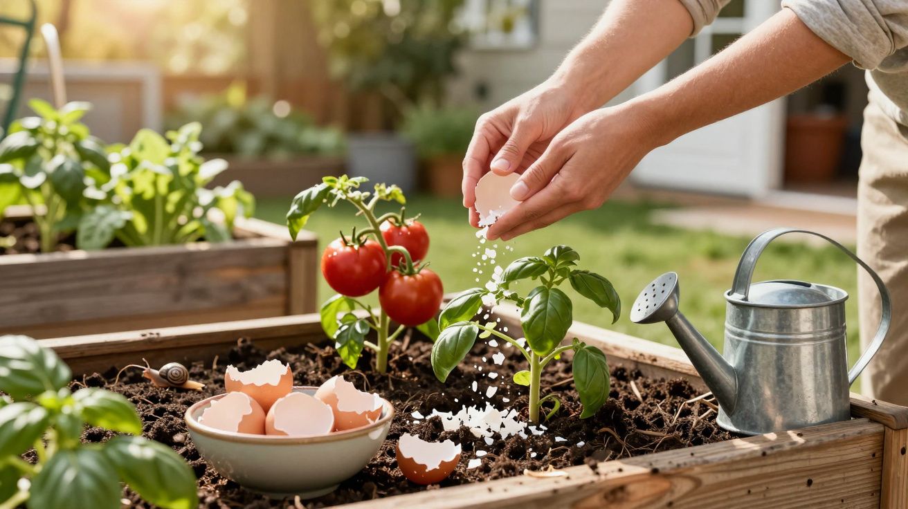 Mãos espalhando cascas de ovos trituradas em vaso com plantas, tomates e regador ao lado no jardim.