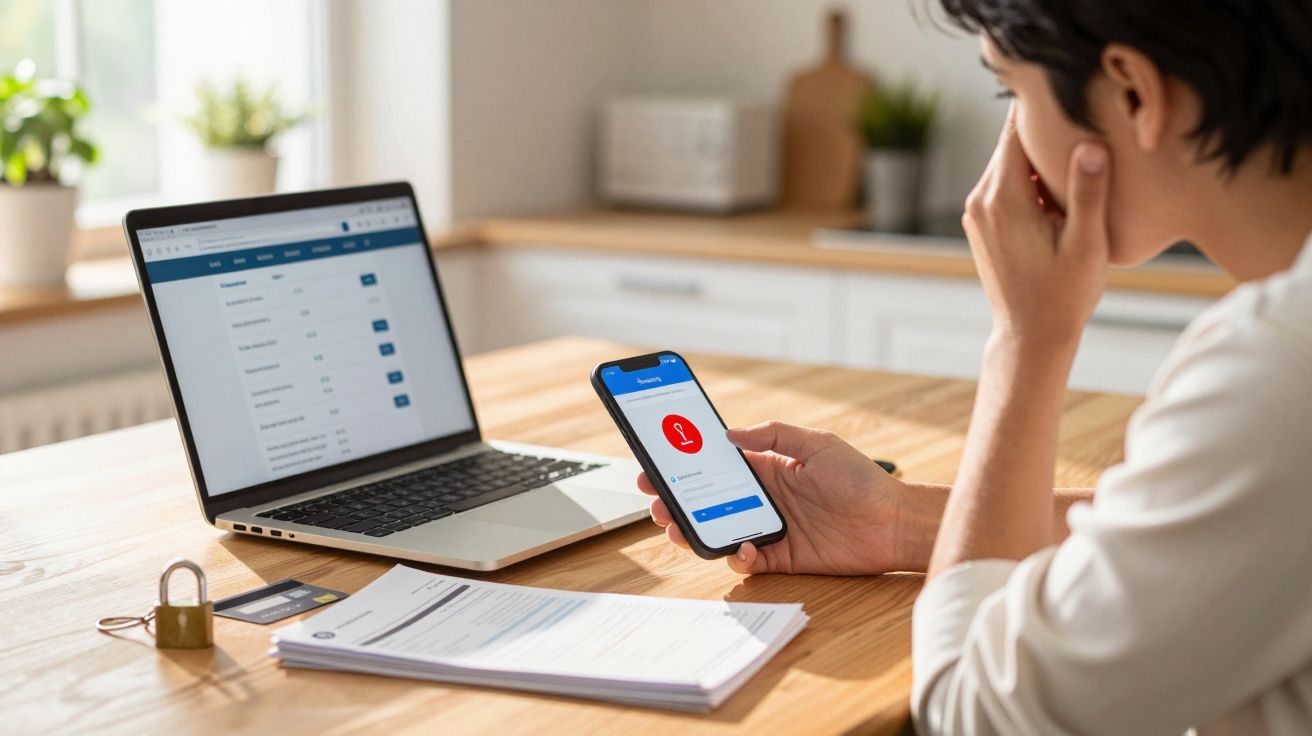 Pessoa segurando celular com alerta de segurança, notebook aberto e documentos em mesa de madeira.