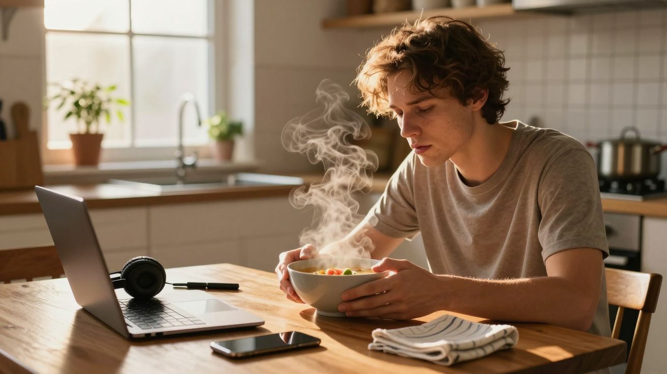 Jovem sentado à mesa de cozinha, segurando uma tigela de comida quente e olhando para ela.