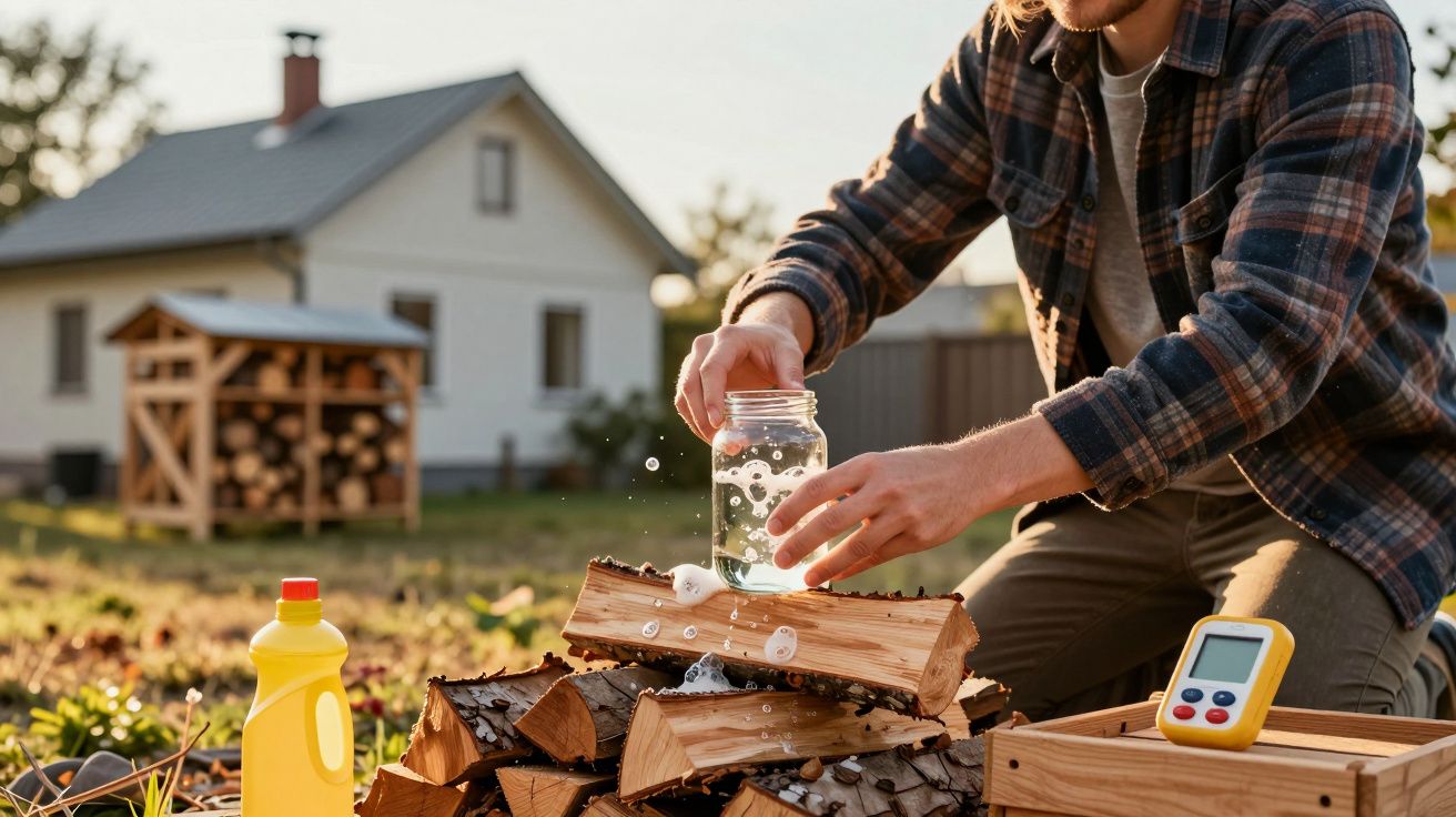 Homem preparando lenha ao ar livre com um frasco de vidro e utensílios próximos em casa rural.