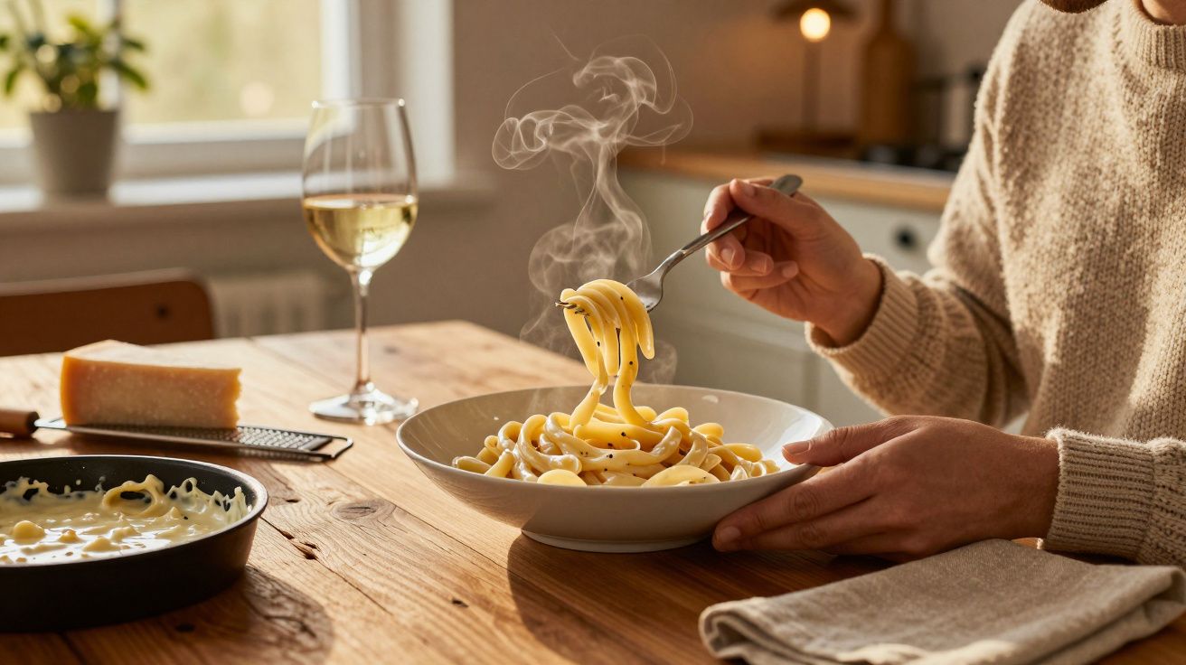 Pessoa segurando garfo com macarrão na mão, mesa de madeira com queijo, panela e taça de vinho branco.