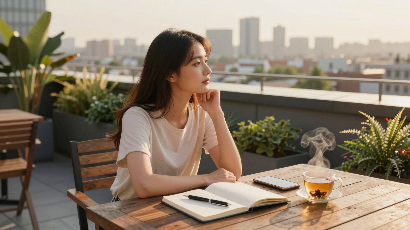 Mulher jovem sentada em mesa de madeira com chá quente, caderno aberto e celular, olhando para o horizonte.