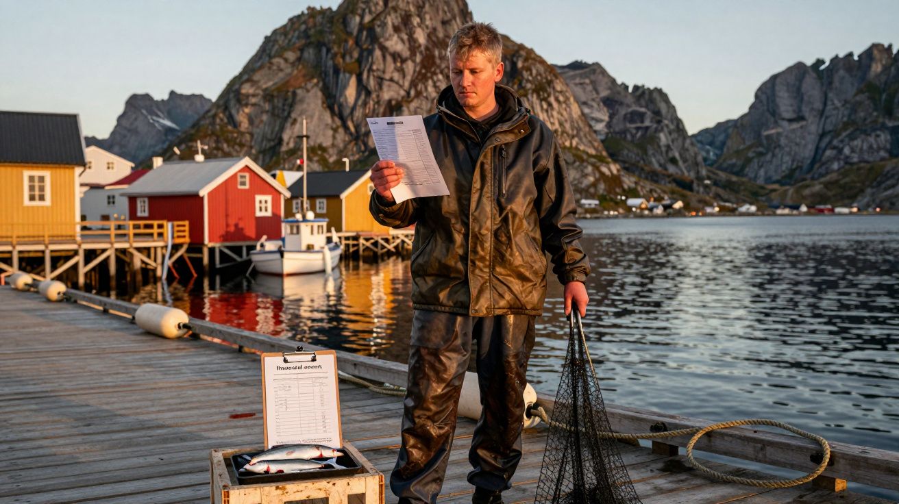 Homem com roupa de pesca confere papel com peixes em caixa, píer e vilarejo com casas coloridas ao fundo.