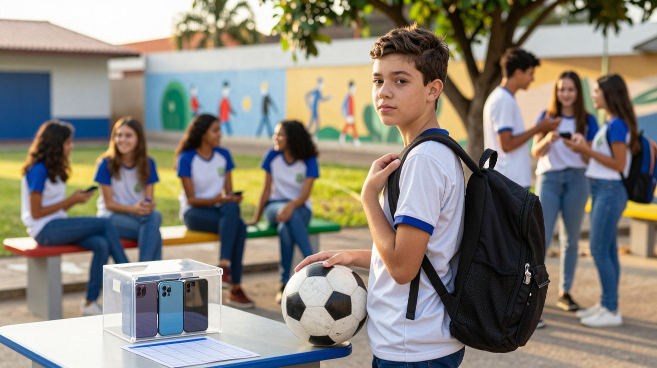 Adolescente com uniforme escolar segurando bola de futebol ao lado de urna com celulares e colegas ao fundo.