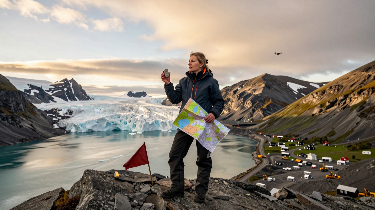 Mulher com mapa e pedra em mão, em rochedo, vista de lago glacial e vilarejo entre montanhas ao entardecer.