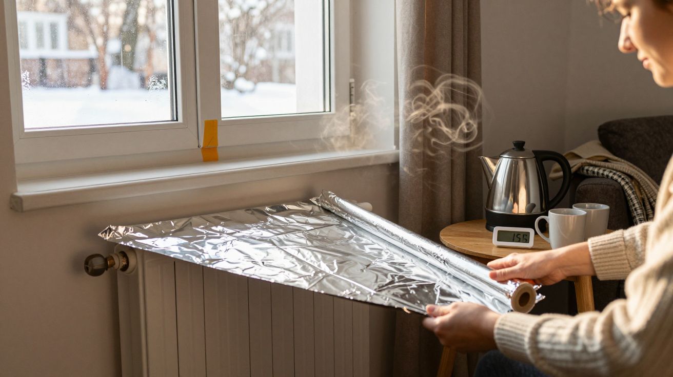 Pessoa cobrindo aquecedor com papel alumínio em ambiente interno iluminado por janela com vista do lado externo.