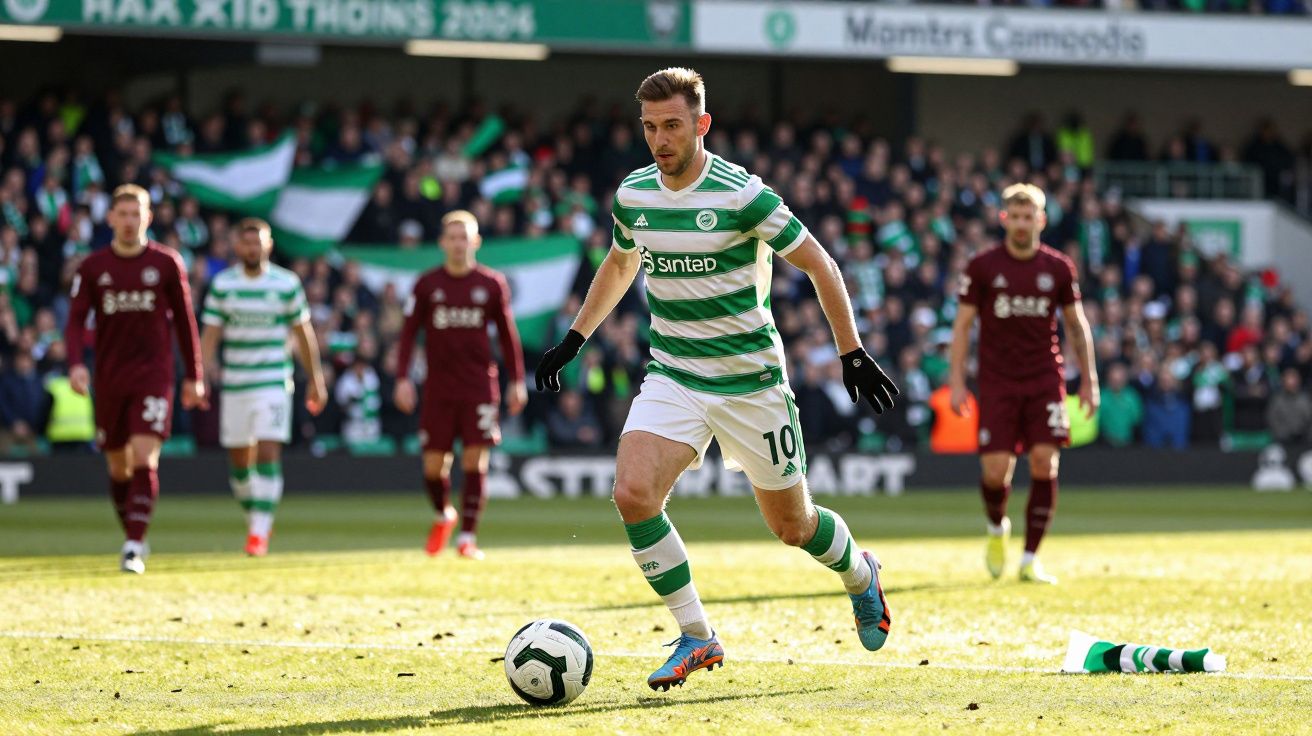 Jogador de futebol com uniforme listrado verde e branco controla a bola em campo durante partida.