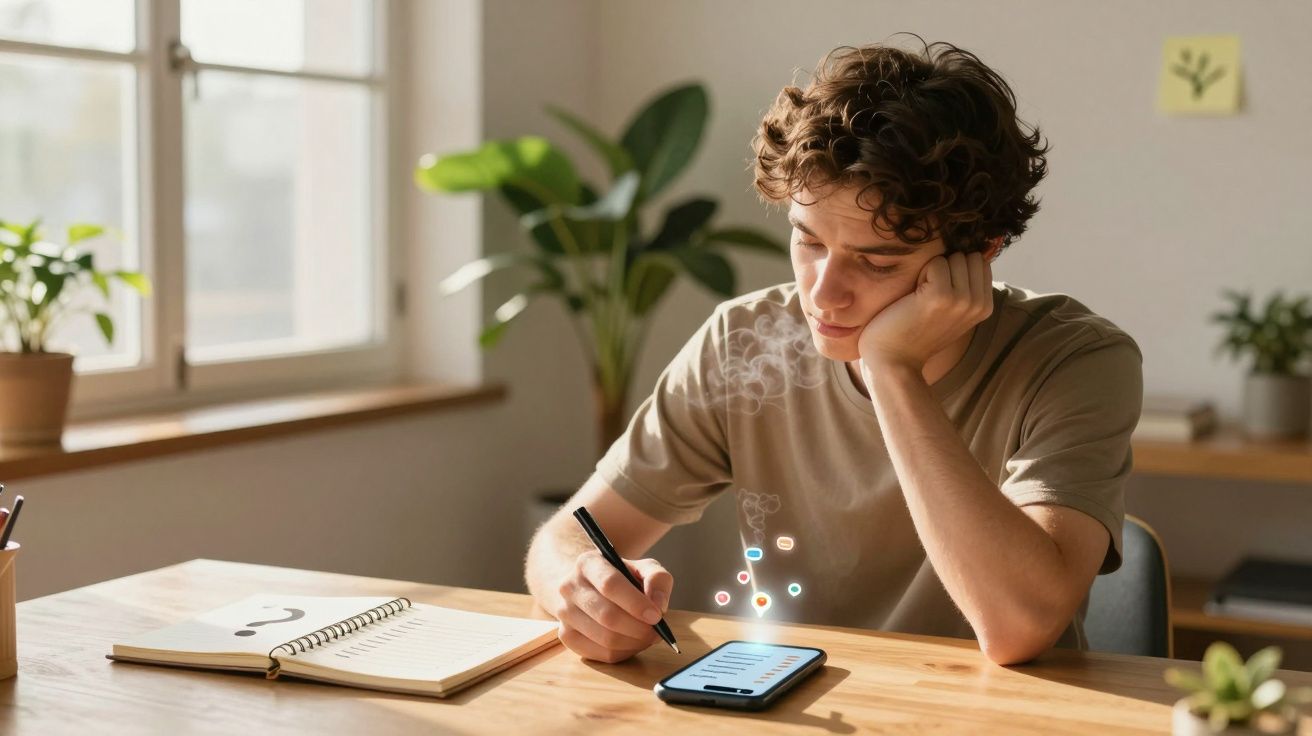 Jovem sentado à mesa escrevendo com caneta enquanto olha para celular com ícones flutuantes.