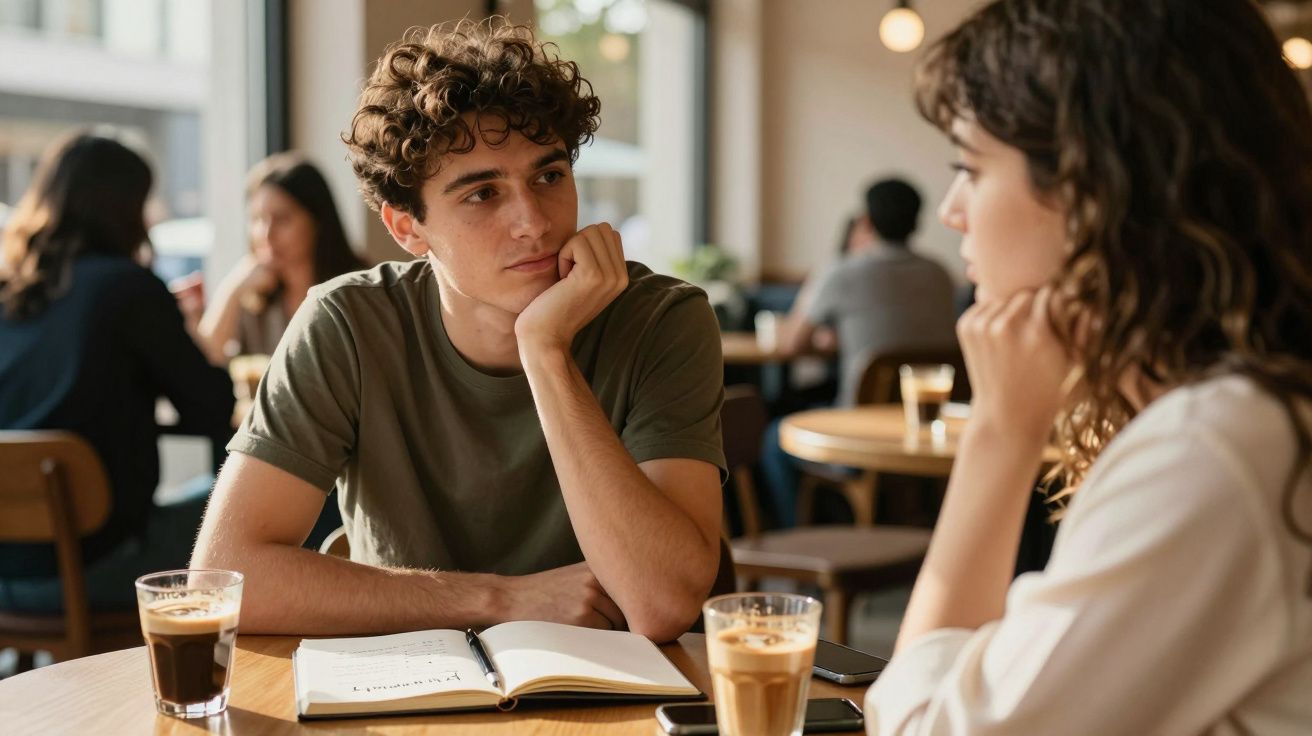 Jovem casal conversando em cafeteria com café e caderno aberto sobre a mesa.
