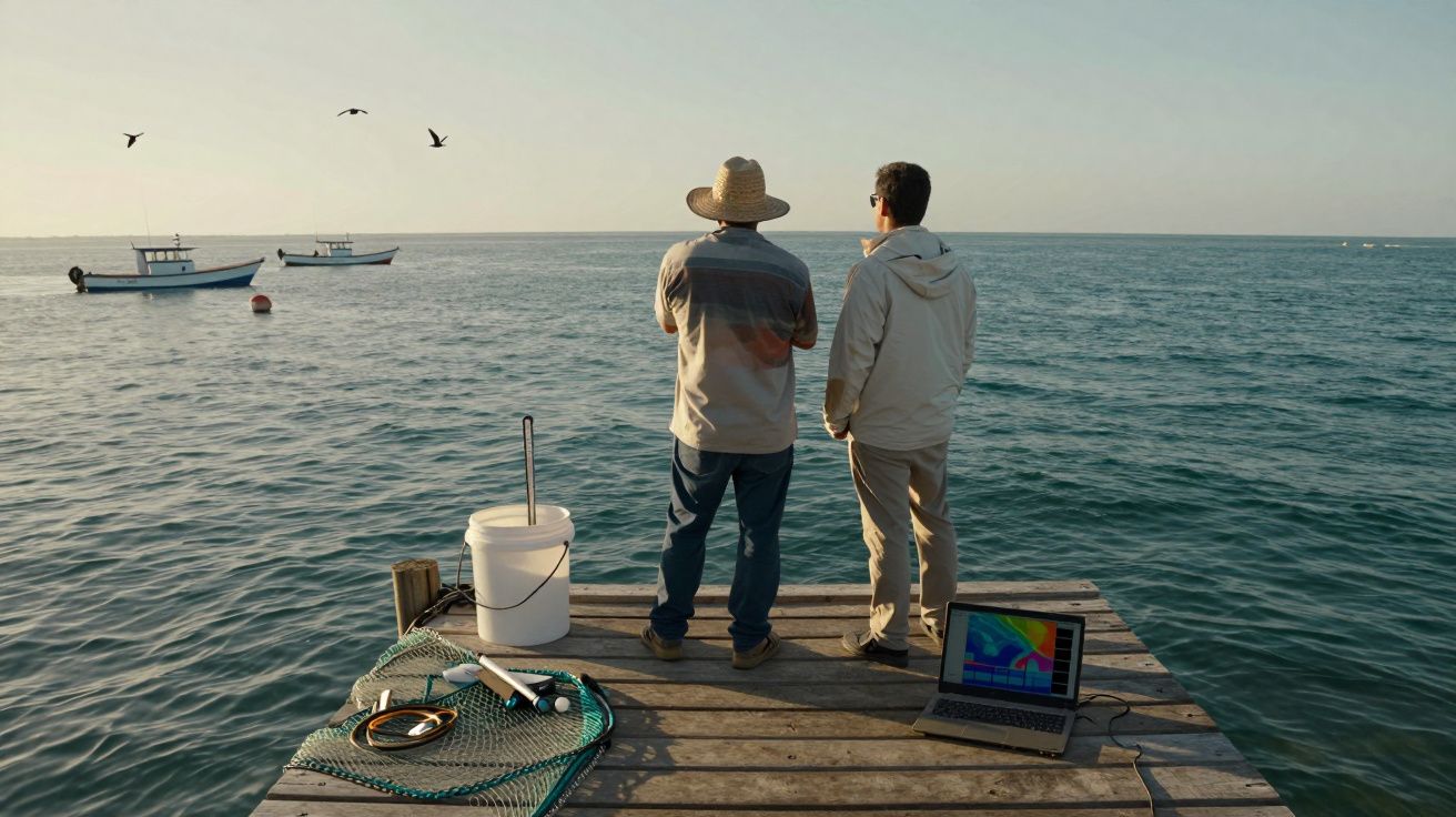 Duas pessoas em um pier observando o mar, com barcos ao fundo, equipamentos de pesca e um laptop.