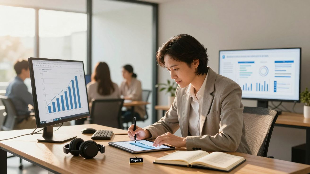 Mulher trabalhando com gráficos em tablet, computador e cadernos em escritório moderno e iluminado.