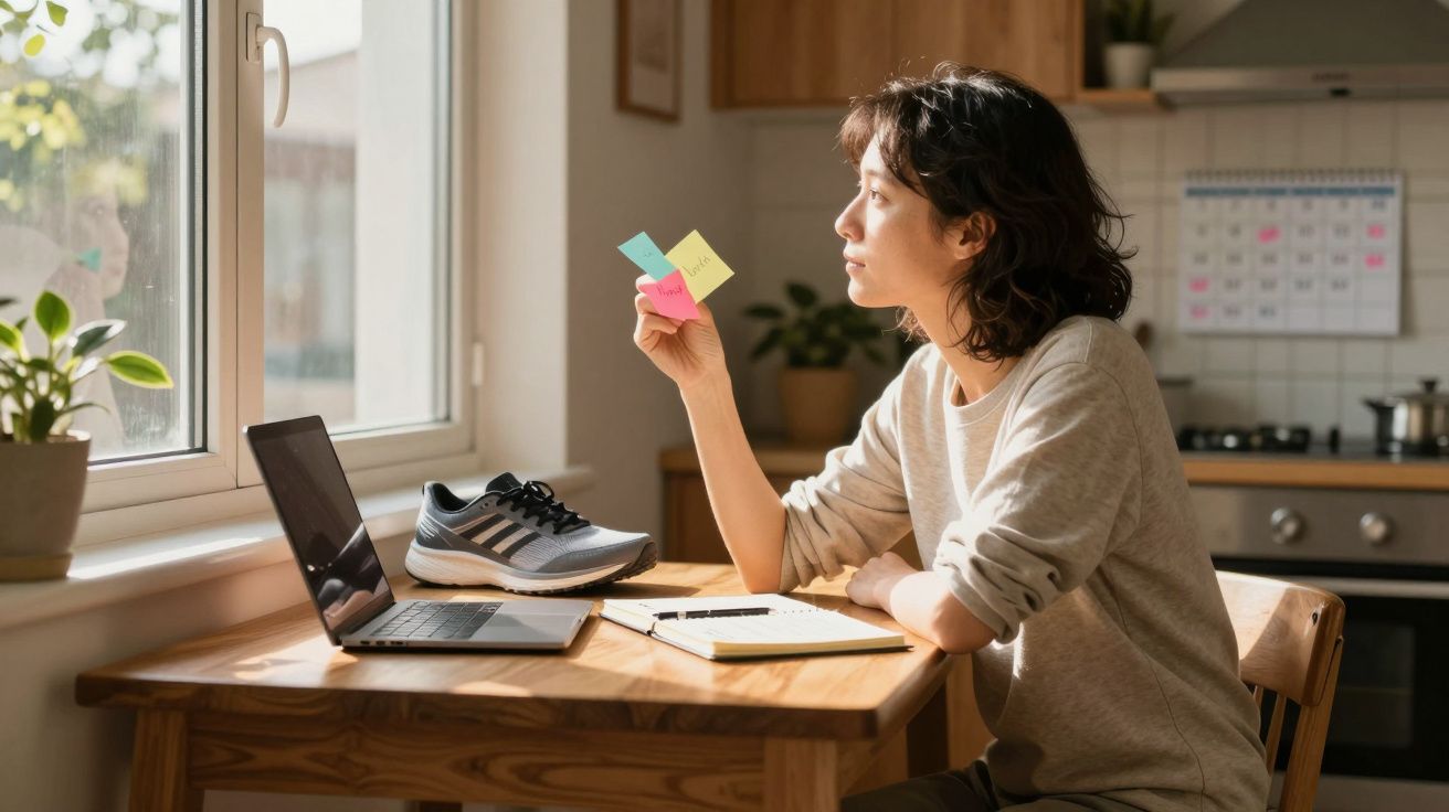 Pessoa segurando notas adesivas coloridas enquanto pensa em mesa com laptop, tênis e caderno perto da janela.