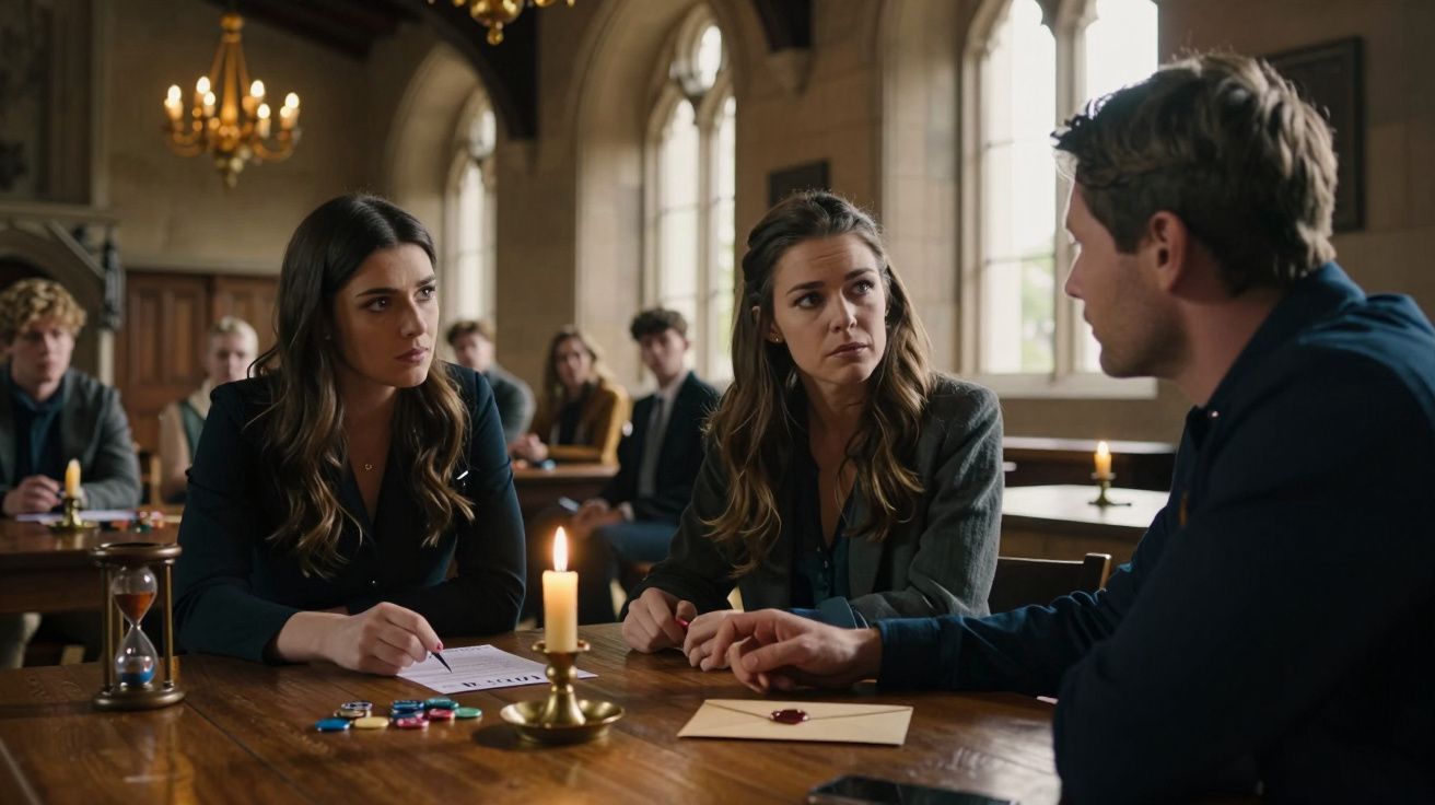 Três pessoas conversam em uma sala antiga com móveis de madeira, velas acesas e janelas do estilo gótico.