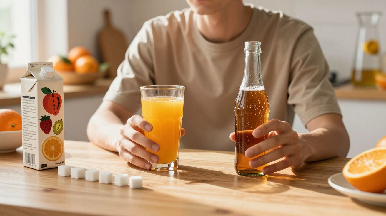 Pessoa segurando copo de suco de laranja e garrafa de refrigerante com cubos de açúcar sobre a mesa.